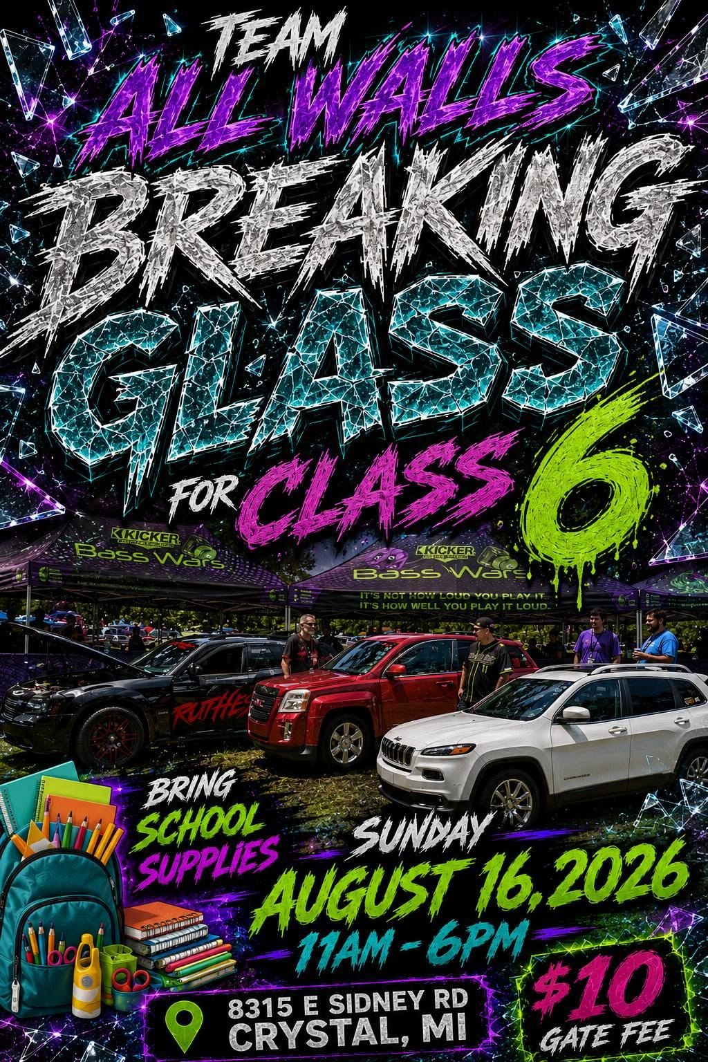 Breaking Glass for Class Car Show event at 8315 E Sidney Road in Crystal, MI on August 16, 2026