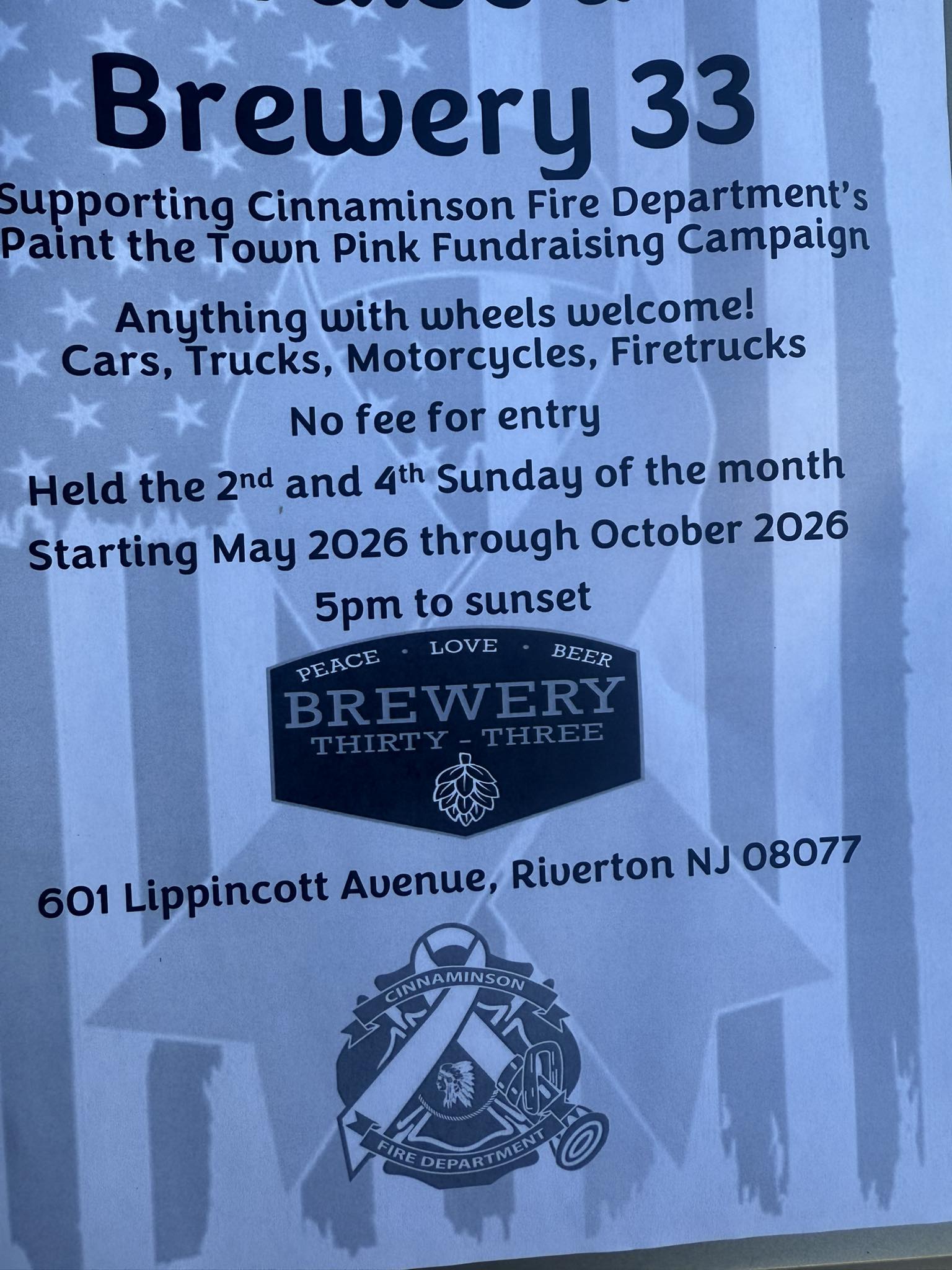 Brewery 33 Car Cruise Supporting Cinnaminson Fire Department event at Brewery 33 in Riverton, NJ on July 26, 2026