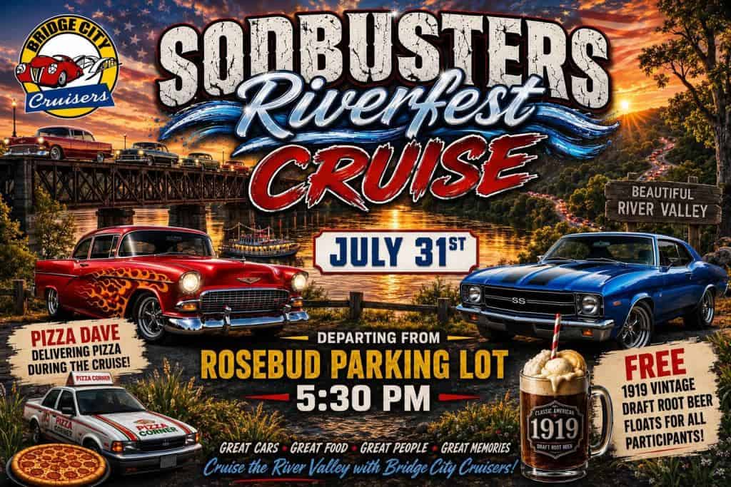 Bridge City Cruisers Squidbusters Riverfest Cruise event at Rosebud Parking Lot in Valley City, ND on July 31, 2026