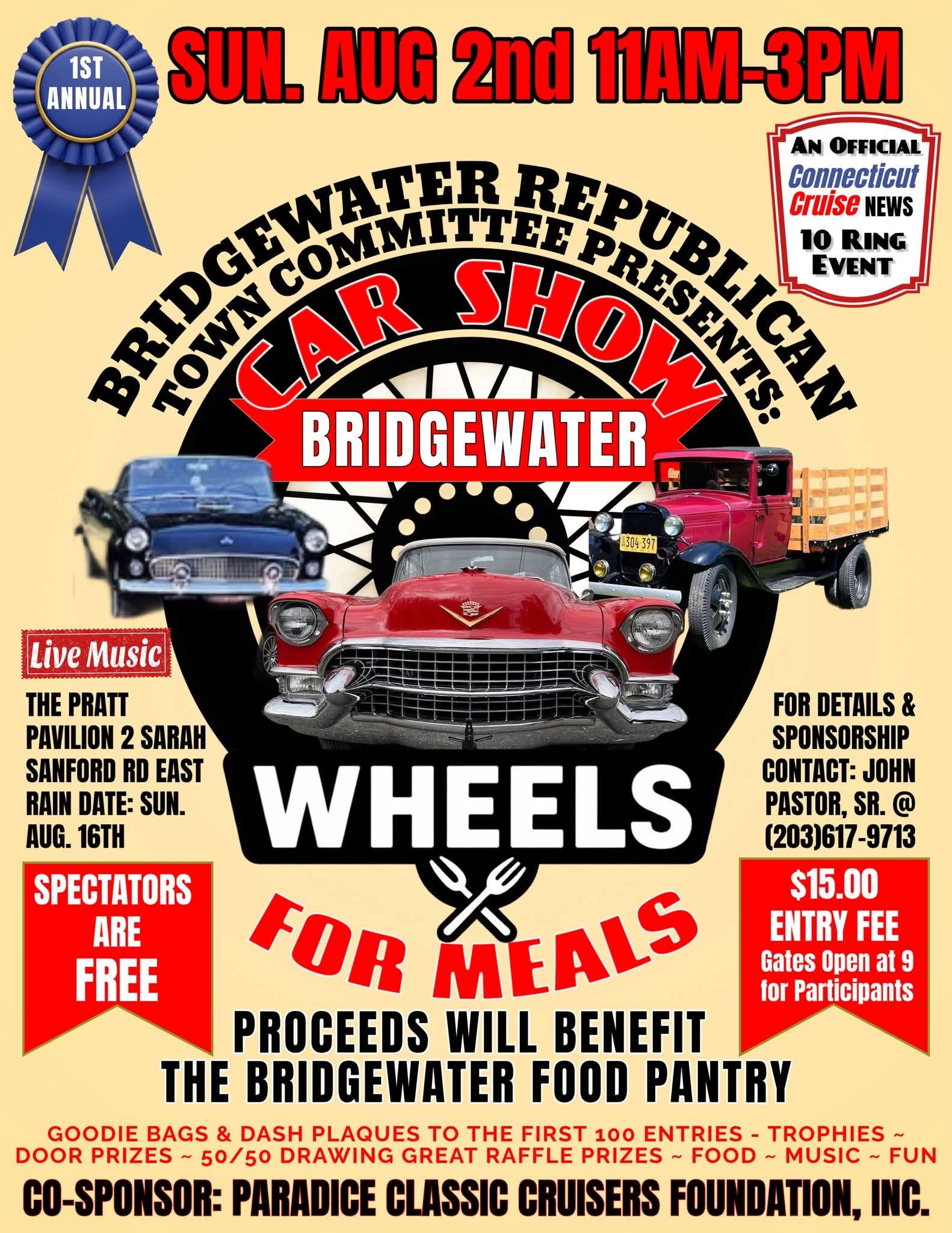 Bridgewater Republican Town Committee Wheels for Meals Car Show event at The Pratt Pavilion in Bridgewater, CT on August 2, 2026