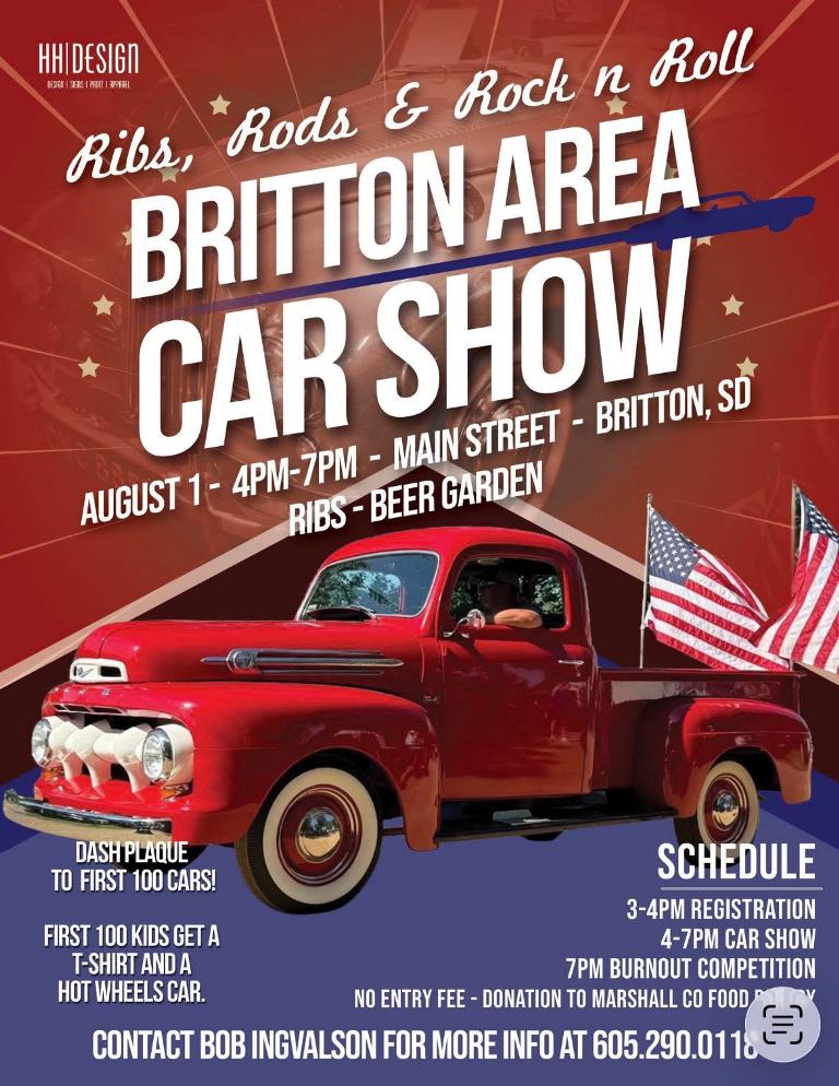 Britton Area Ribs, Rods & Rock n Roll Car Show event at Main Street in Britton, SD on August 1, 2026