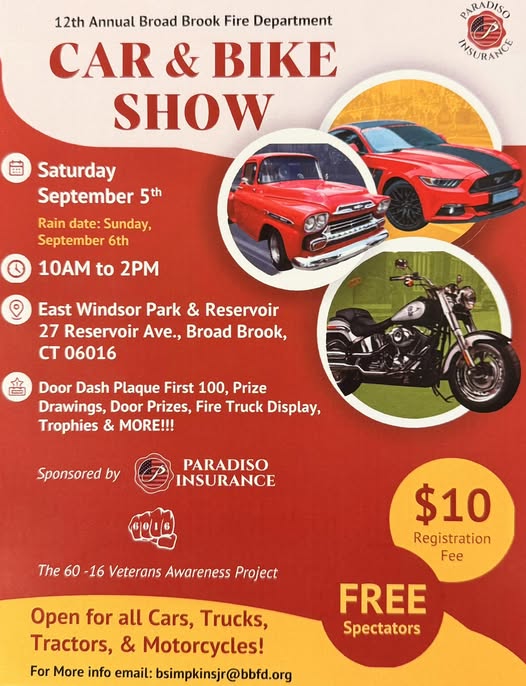 Broad Brook Fire Department 12th Annual Car & Bike Show event at East Windsor Park & Reservoir in Broad Brook, CT on September 5, 2026