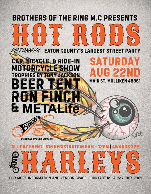 Brothers of the Ring M.C. 21st Annual Hot Rods Car, Bicycle, & Ride-In Motorcycle Show event at Main Street in Mulliken, MI on August 22, 2026