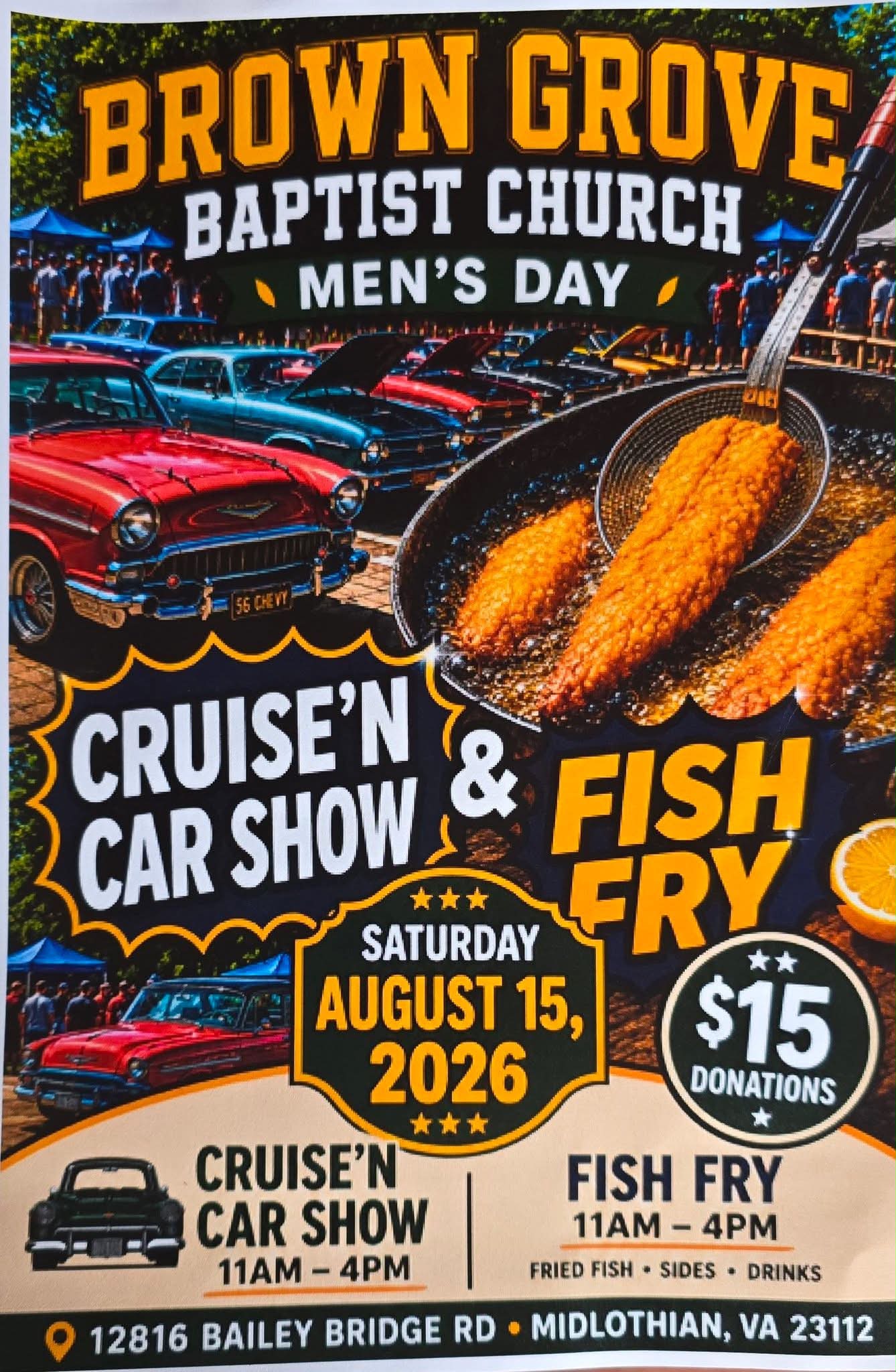 Brown Grove Baptist Church Men's Day Car Show event at Brown Grove Baptist Church in Midlothian, VA on August 15, 2026