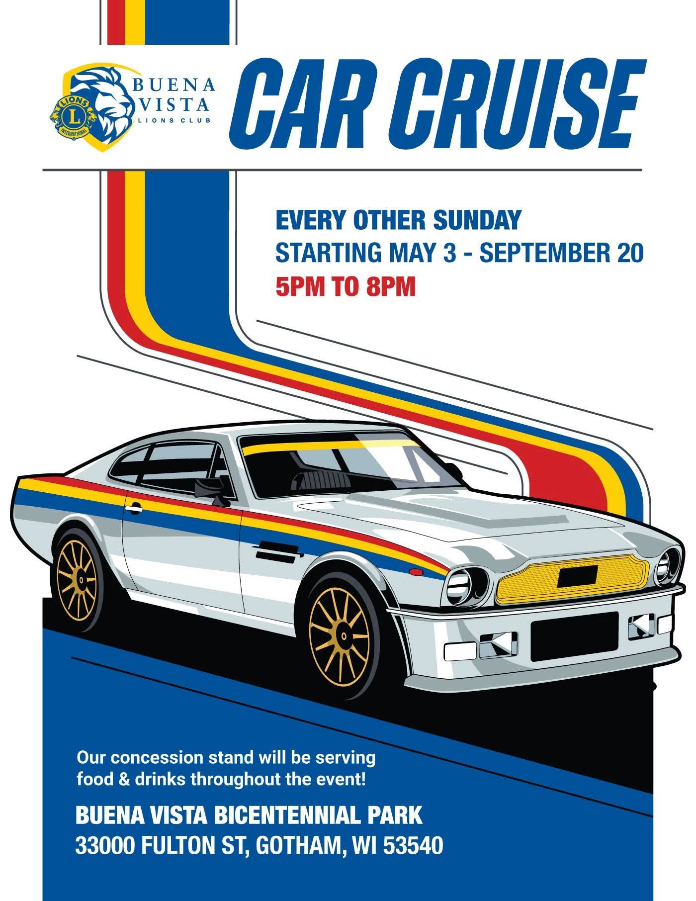 Buena Vista Lions Club Car Cruise event at Buena Vista Bicentennial Park in Gotham, WI on July 19, 2026