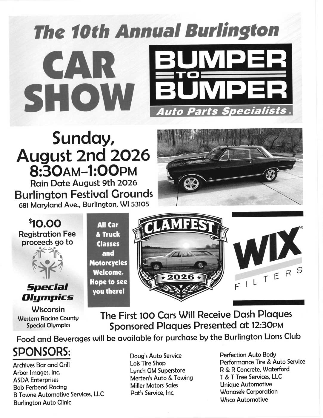 Burlington Bumper to Bumper Car Show event at Burlington Festival Grounds in Burlington, WI on August 2, 2026