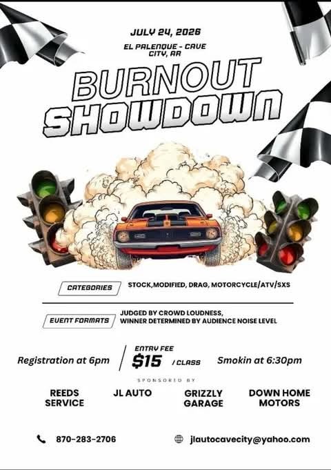 Burnout Showdown event at El Paseo in Cave City, AR on July 24, 2026