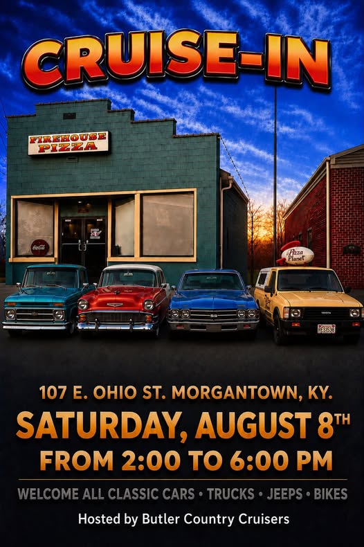 Butler County Cruisers Cruise-In event at Firehouse Pizza in Morgantown, KY on August 8, 2026