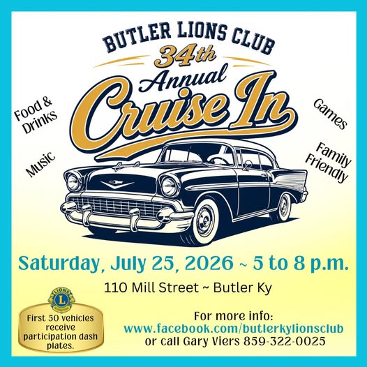 Butler Lions Club 34th Annual Cruise in event at 110 Mill Street in Butler, KY on July 25, 2026