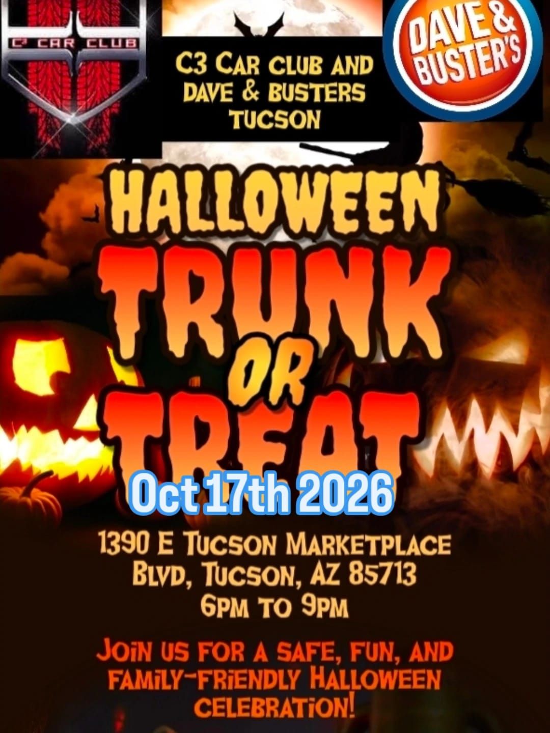 C3 Car Club Halloween Trunk or Treat event at Dave & Busters in Tucson, AZ on October 17, 2026