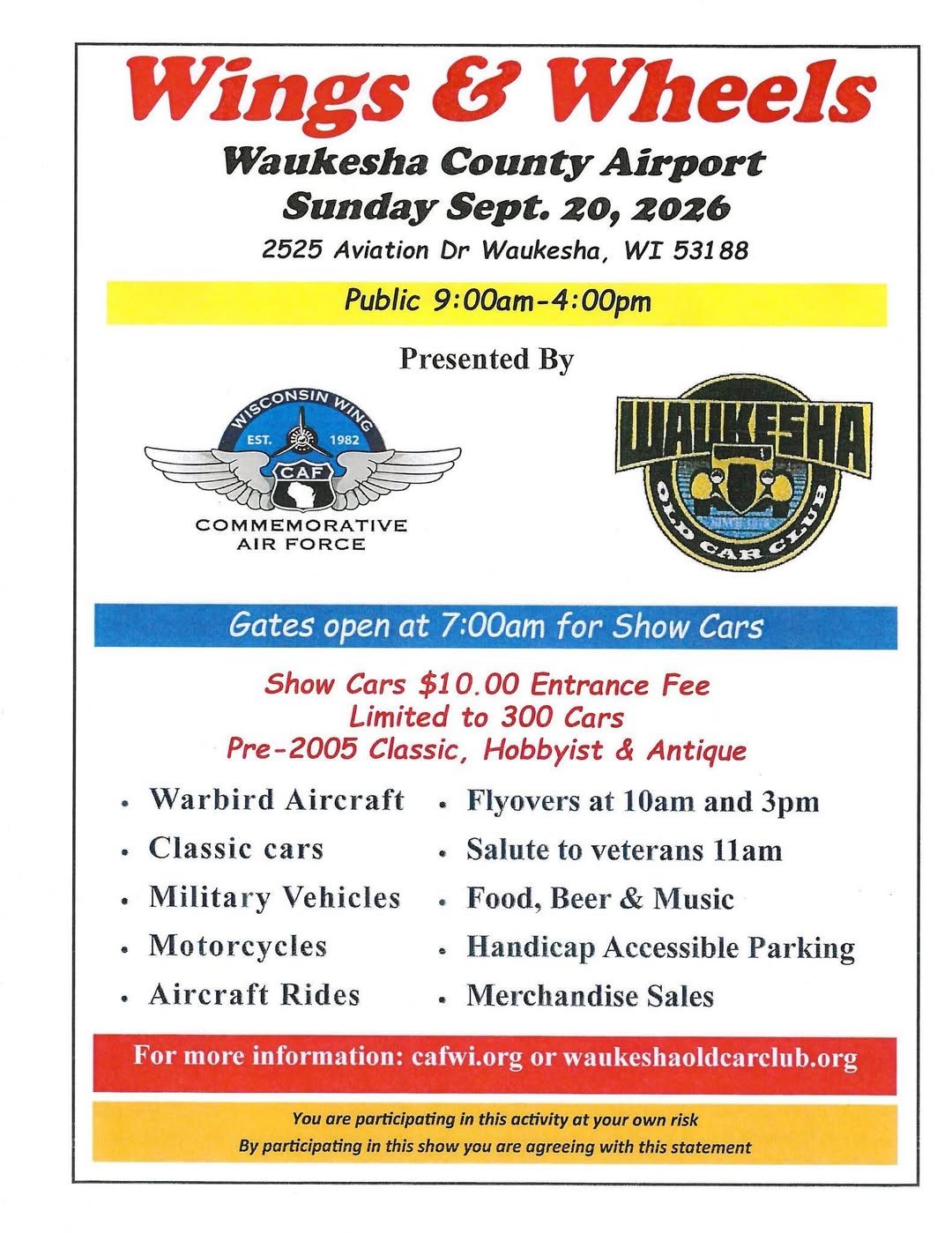 CAF Wisconsin Wing Wings & Wheels event at Waukesha County Airport in Waukesha, WI on September 20, 2026