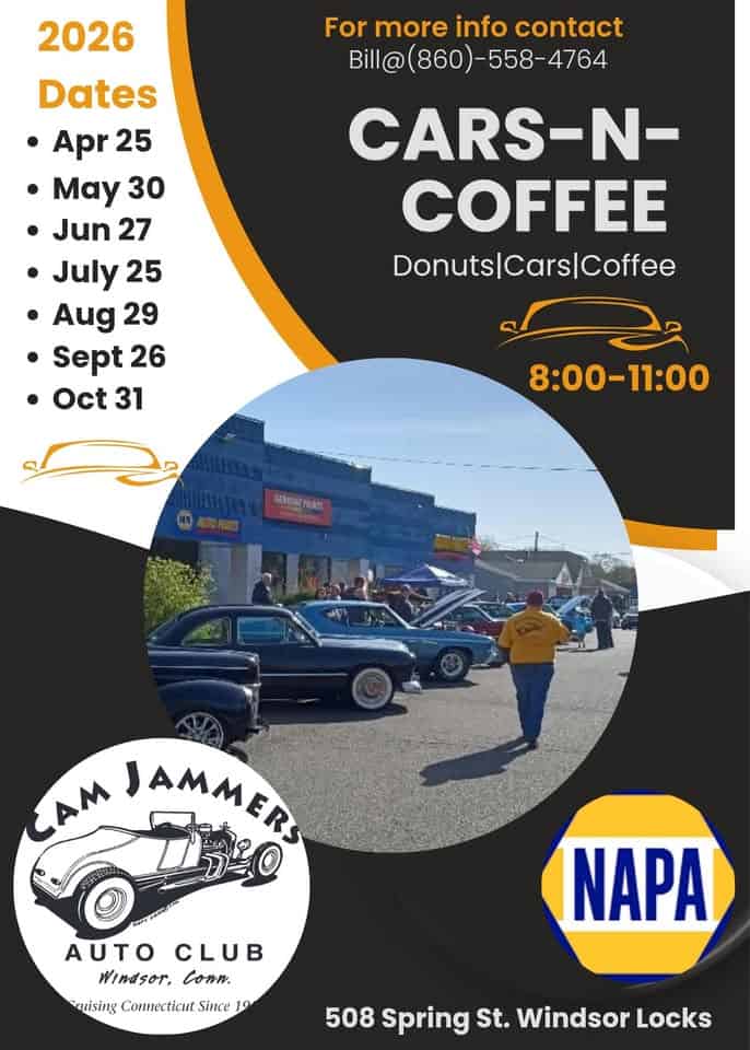 Cam Jammers Cars and Coffee event at NAPA Auto Parts in Windsor Locks, CT on July 25, 2026