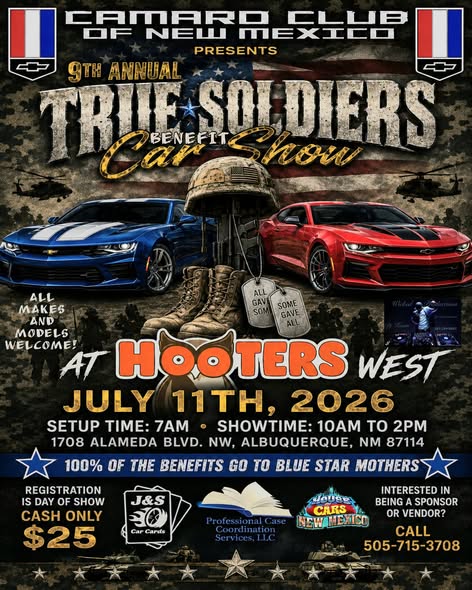Camaro Club of New Mexico 9th Annual True Soldiers Benefit Car Show event at Hooters West in Albuquerque, NM on July 11, 2026
