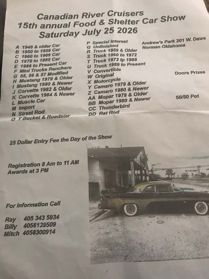 Canadian River Cruisers 15th Annual Food & Shelter Car Show event at Andrew's Park in Norman, OK on July 25, 2026