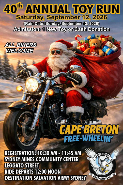 Cape Breton Free-Wheelin' 40th Annual Toy Run event at Sydney Mines Community Center in Sydney Mines, NS on September 12, 2026