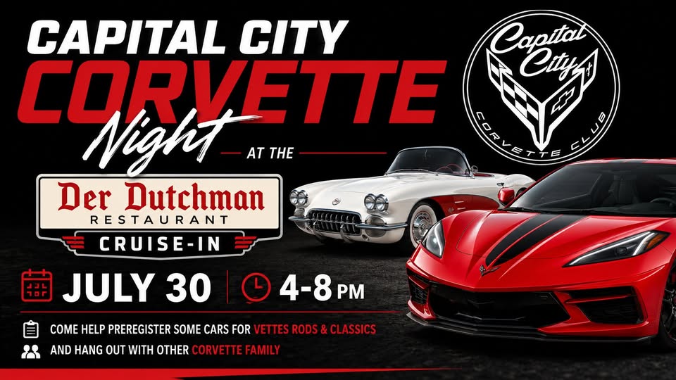 Capital City Corvette Club Cruise-In event at Der Dutchman Restaurant in Plain City, OH on July 30, 2026
