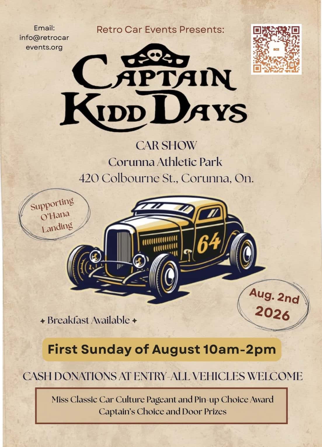 Captain Kidd Days Car Show event at Corunna Athletic Park in Corunna, ON on August 2, 2026