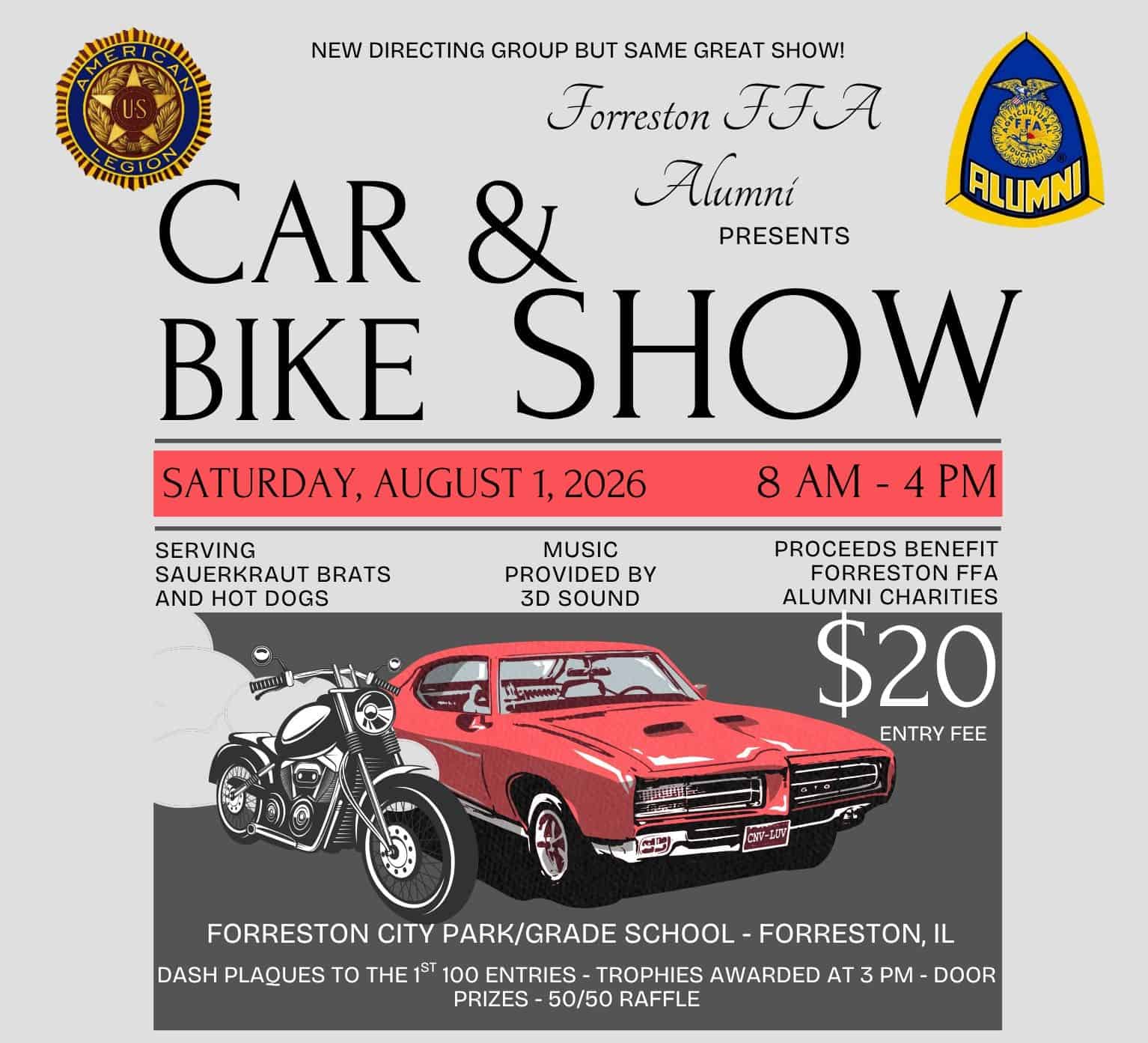 Car & Bike Show Benefiting Forreston FFA Alumni event at Forreston City Park in Forreston, IL on August 1, 2026