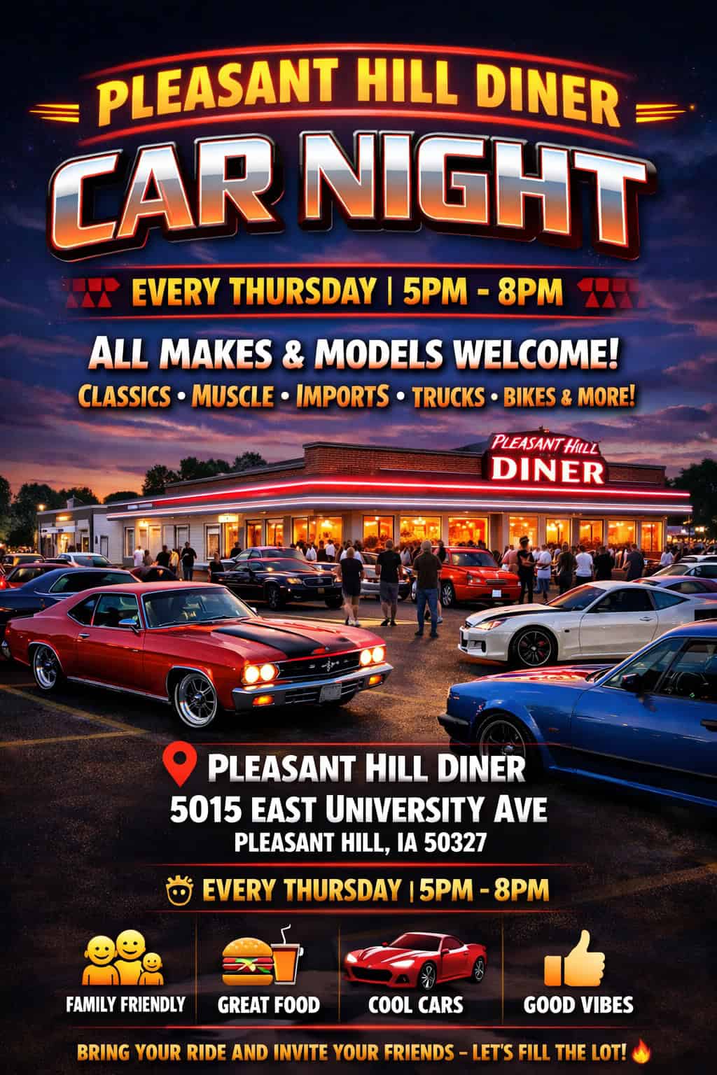 Car Night at Pleasant Hill Diner event at Pleasant Hill Diner in Pleasant Hill, IA on July 30, 2026