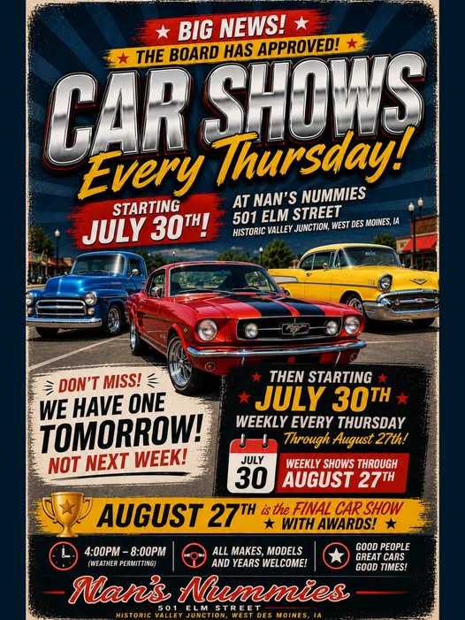Car Show at Nan's Mummies event at Nan's Mummies in West Des Moines, IA on July 30, 2026