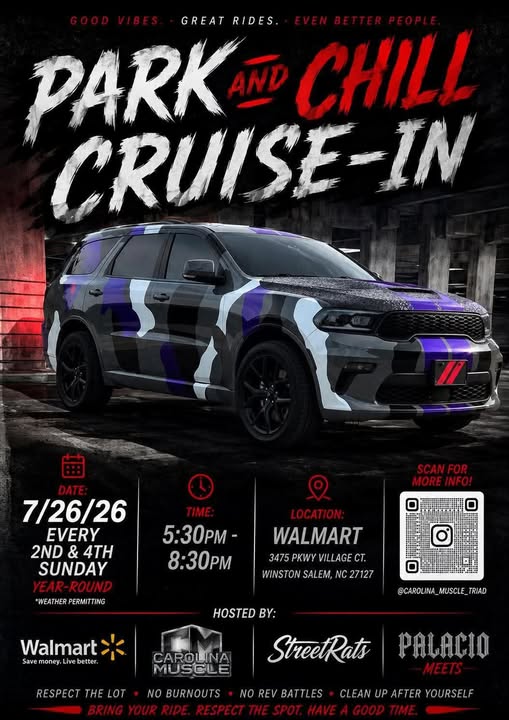 Carolina Muscle Park and Chill Cruise-In event at Walmart in Winston-Salem, NC on July 26, 2026