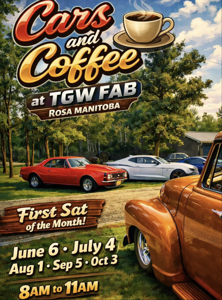 Cars and Coffee at TGW FAB event at TGW FAB in Rosa, MB on August 1, 2026