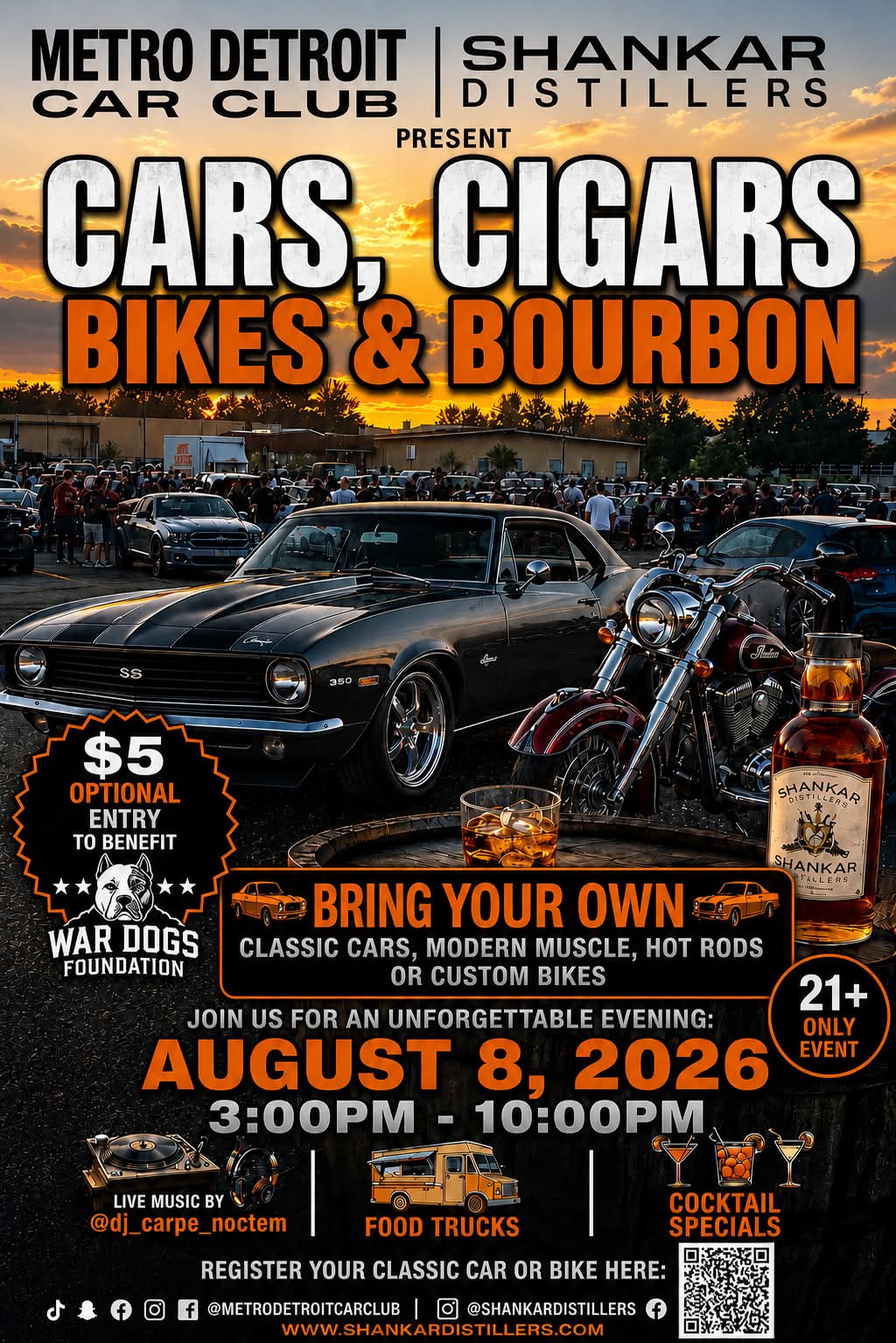 Cars, Cigars, Bikes & Bourbon event at Shankar Distillers in Osborne, MI on August 8, 2026