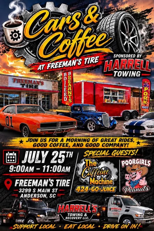 Cars & Coffee at Freeman's Tire event at Freeman's Tire in Anderson, SC on July 25, 2026