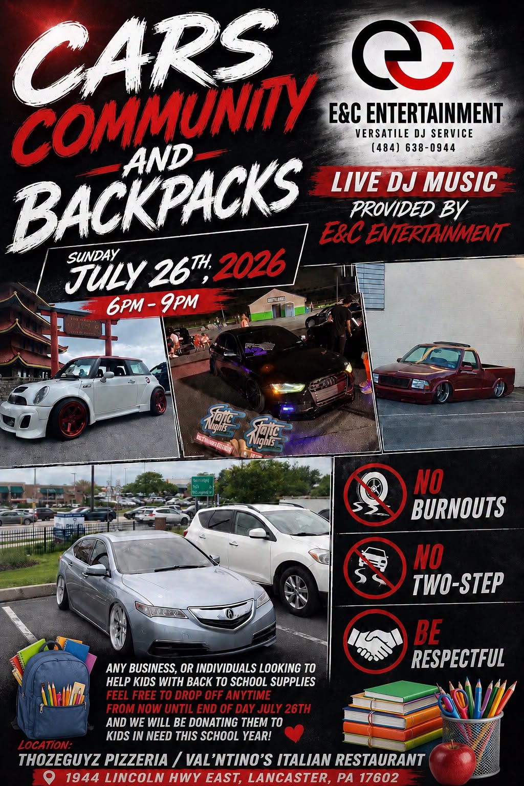 Cars, Community, and Backpacks event at Thoze Guyz Pizzeria/Val'NTino's Italian Restaurant in Lancaster, PA on July 26, 2026