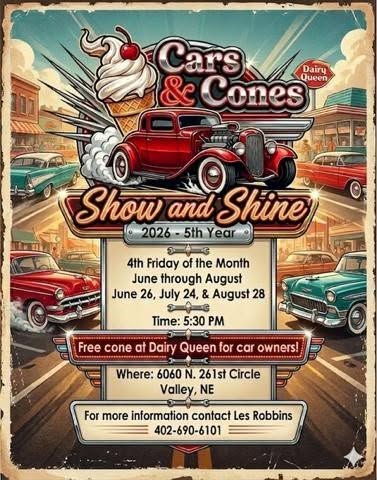 Cars & Cones Show and Shine event at Dairy Queen in Valley, NE on July 24, 2026