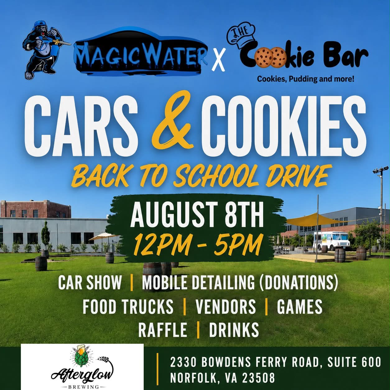 Cars & Cookies Back to School Drive event at 2330 Bowdens Ferry Road, Suite 600 in Norfolk, VA on August 8, 2026