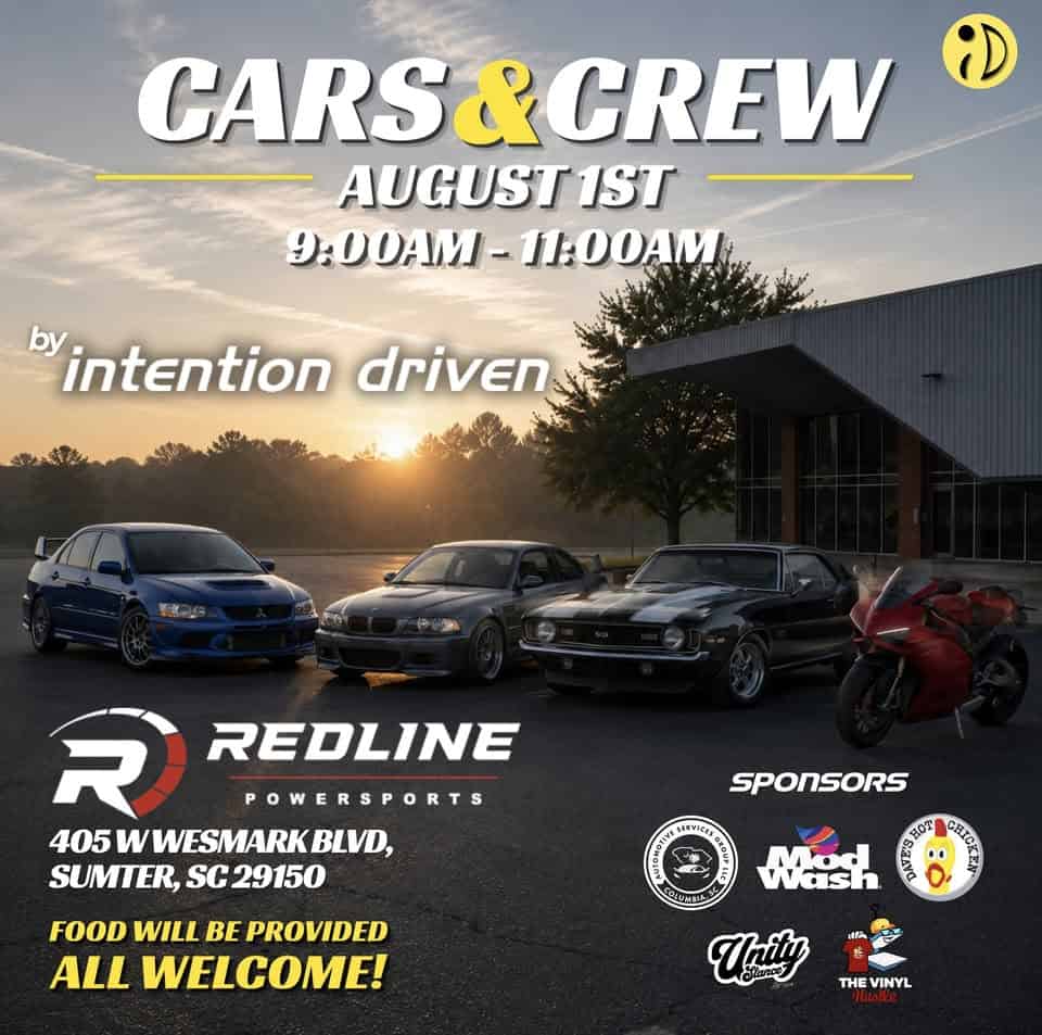 Cars & Crew Car Meet event at Redline Powersports in Sumter, SC on August 1, 2026