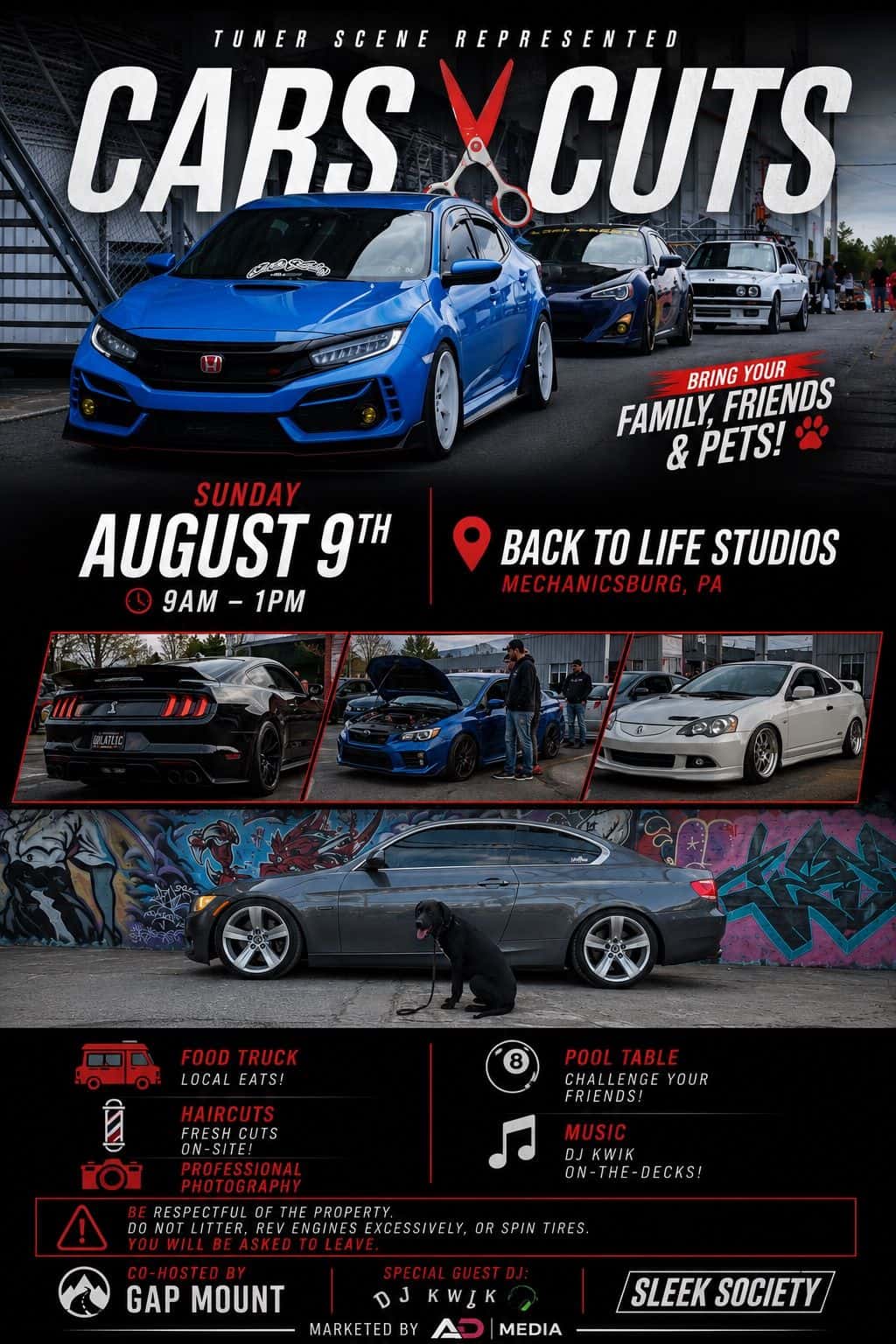 Cars & Cuts event at Back to Life Barbershop in Mechanicsburg, PA on August 9, 2026