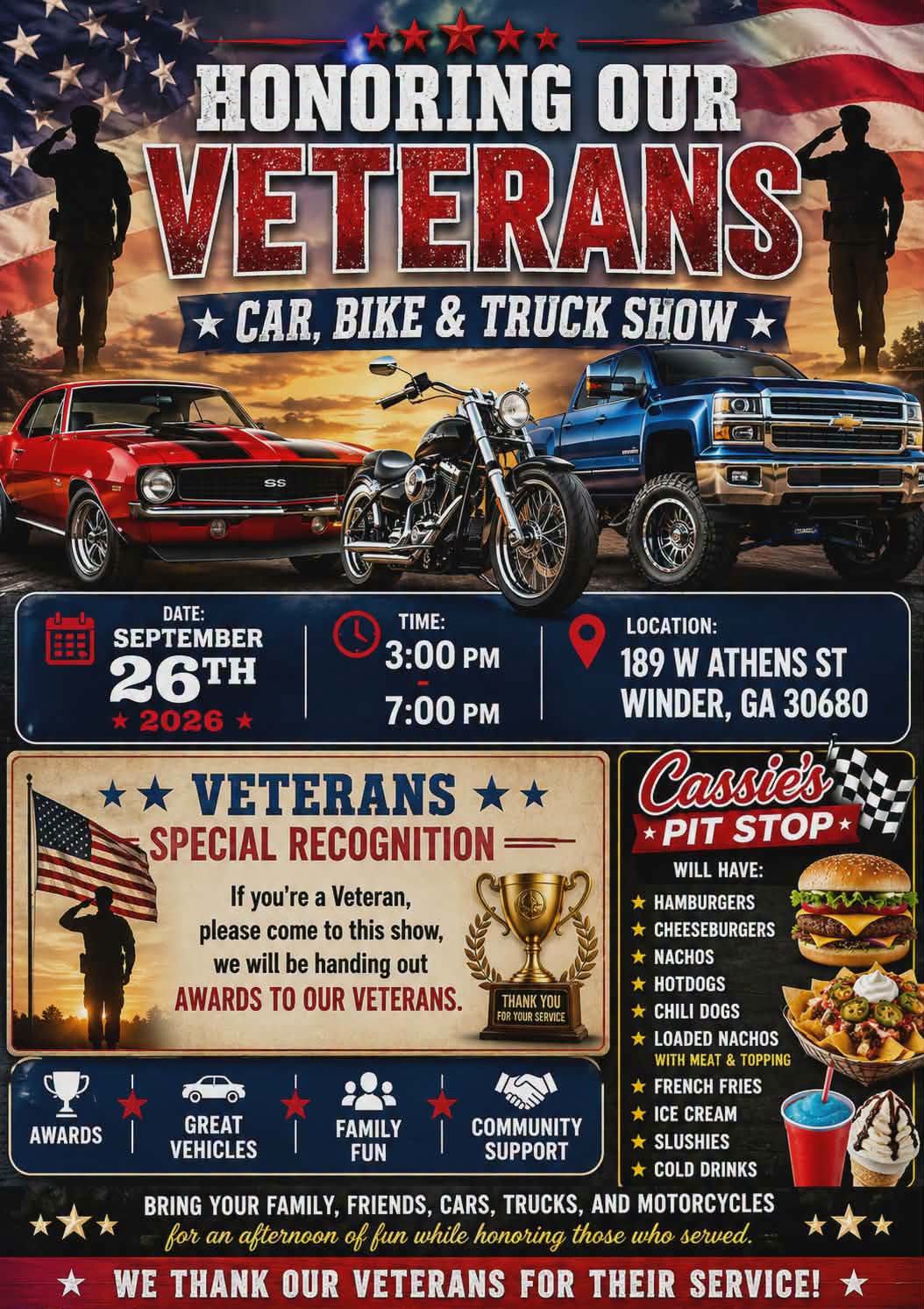 Cassie's Pit Stop Honoring Our Veterans Car, Bike & Truck Show event at Cassie's Pit Stop in Winder, GA on September 26, 2026