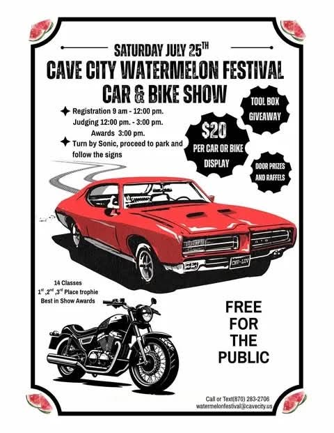 Cave City Watermelon Festival Car & Bike Show event at Cave City Park in Cave City, AR on July 25, 2026