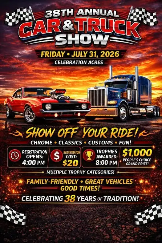 Celebration Acres 38th Annual Car & Truck Show event at Celebration Acres in Morley, MI on July 31, 2026