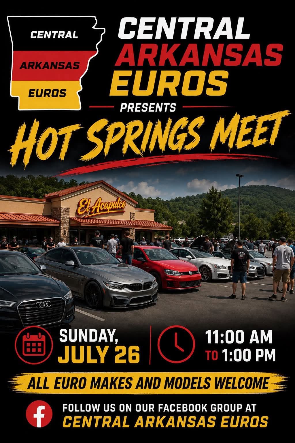 Central Arkansas Euros Hot Springs Meet event at El Acapulco Restaurant in Hot Springs, AR on July 26, 2026