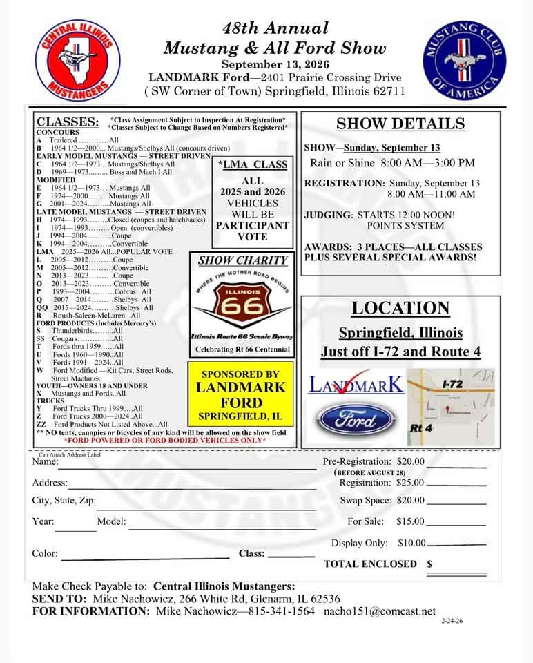 Central Illinois Mustangers 48th Annual Mustang & All Ford Show event at Landmark Ford in Springfield, IL on September 13, 2026