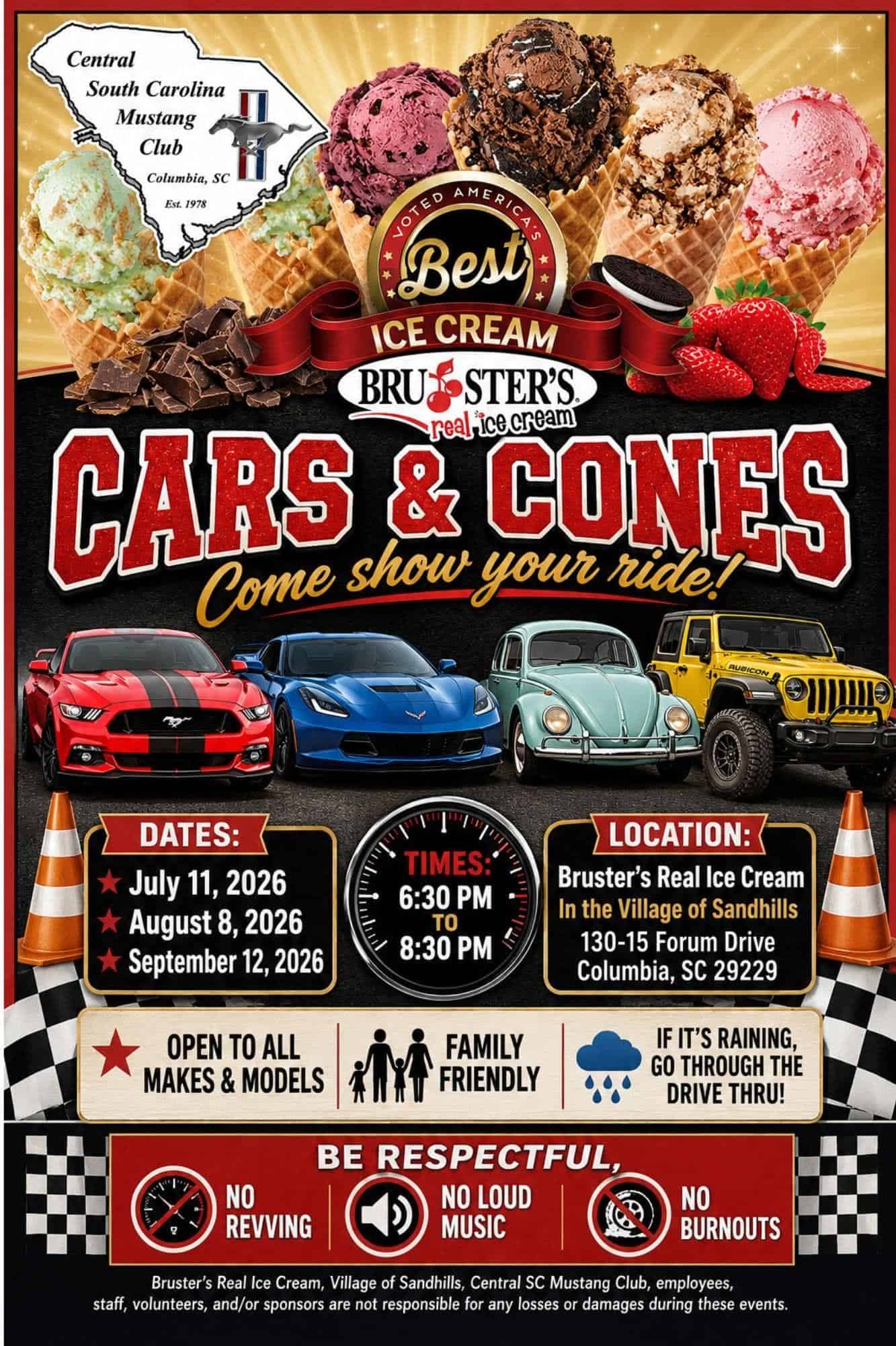 Central South Carolina Mustang Club Cars & Cones at Bruster's Real Ice Cream event at Bruster's Real Ice Cream in the Village of Sandhills in Columbia, SC on July 11, 2026