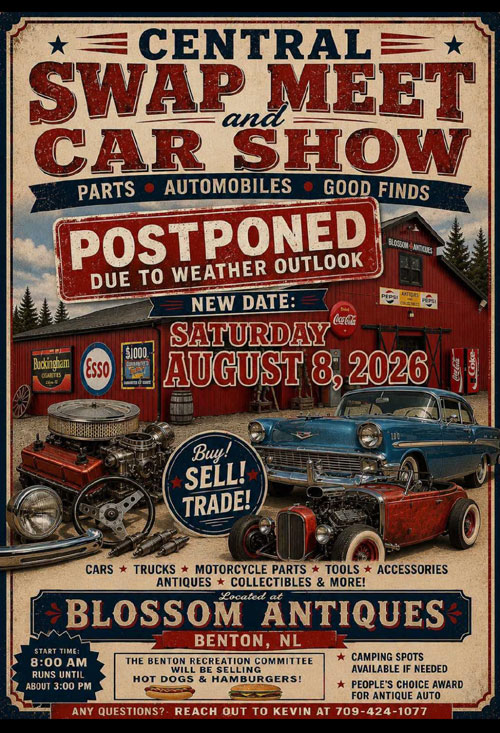 Central Swap Meet and Car Show event at Blossom Antiques in Benton, NL on August 8, 2026