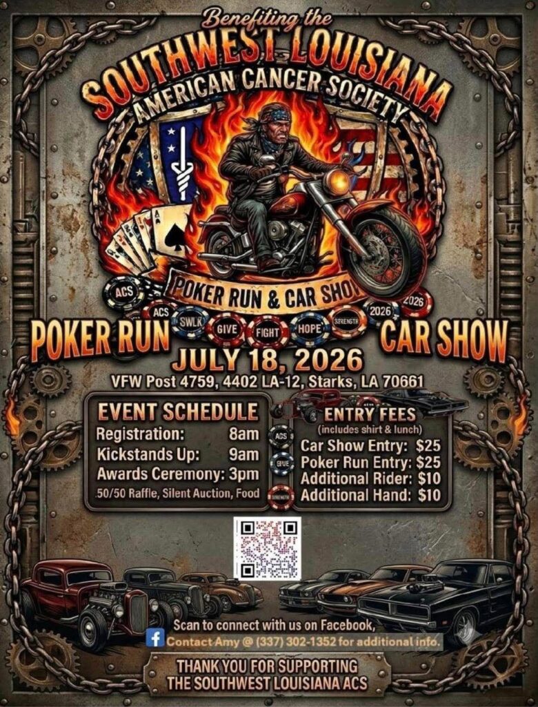 Southwest Louisiana American Cancer Society Poker Run & Car Show event at VFW Post 4759 in Starks, LA on July 18, 2026