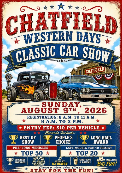 Chatfield Western Days Classic Car Show event at Fillmore Street (Behind Fire Hall) in Chatfield, MN on August 9, 2026