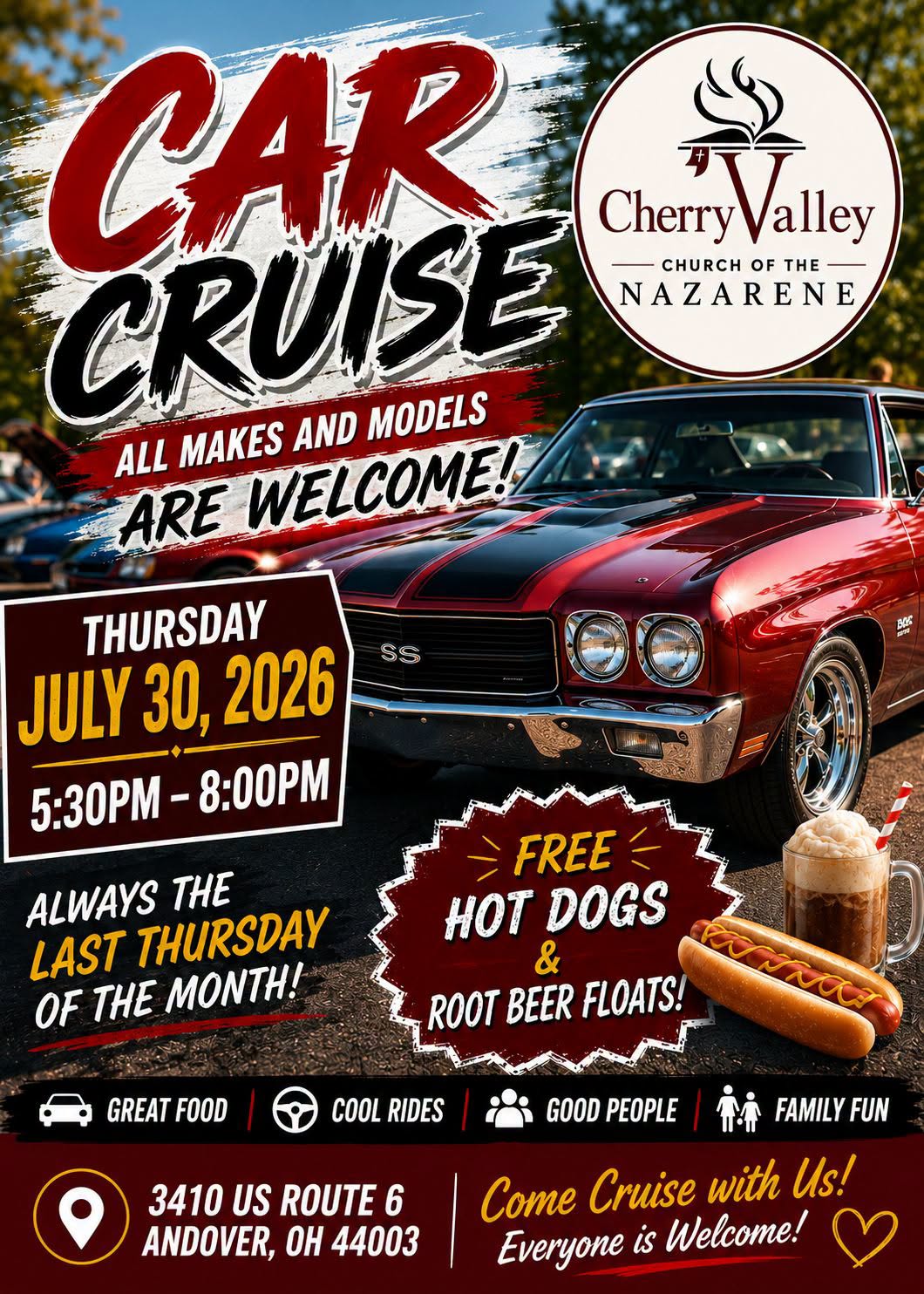 Cherry Valley Church of the Nazarene Car Cruise event at Cherry Valley Church of the Nazarene in Andover, OH on July 30, 2026