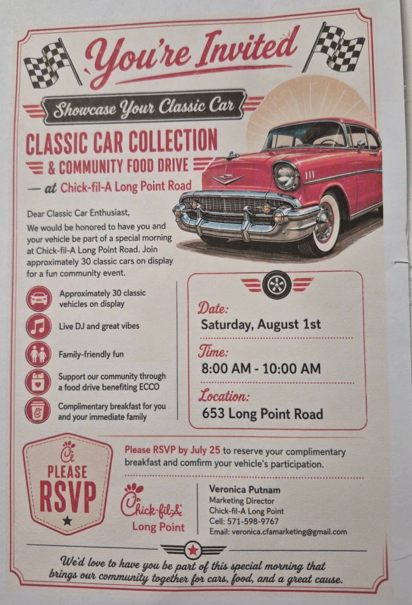 Chick-fil-A Long Point Road Classic Car Collection and Community Food Drive event at Chick-fil-A Long Point Road in Mount Pleasant, SC on August 1, 2026