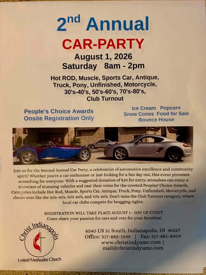 Christ United Methodist Church 2nd Annual Car Party event at Christ United Methodist Church in Indianapolis, IN on August 1, 2026