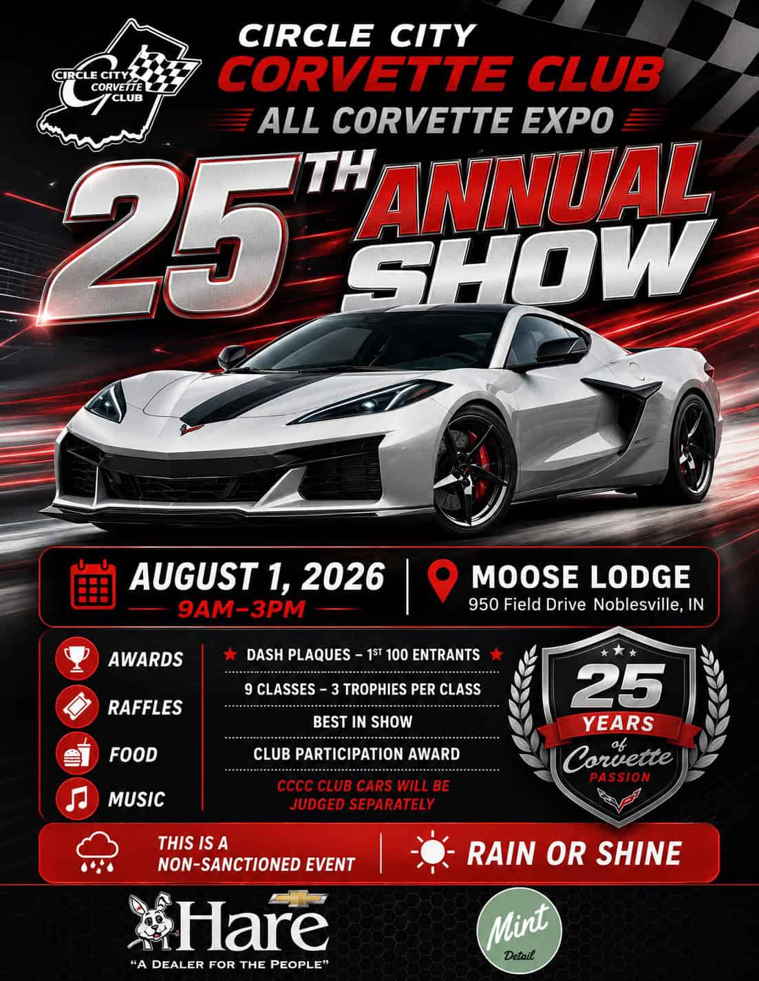 Circle City Corvette Club All Corvette Expo 25th Annual Show event at Moose Lodge in Noblesville, IN on August 1, 2026