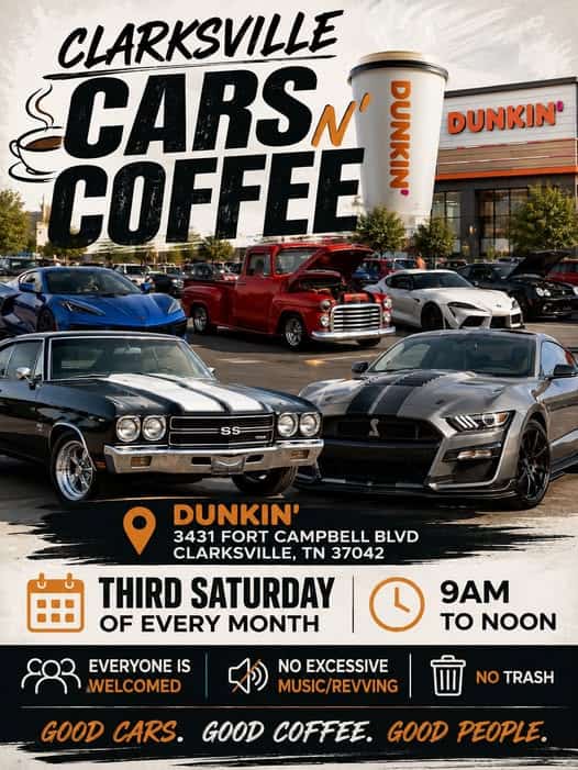 Clarksville Cars and Coffee at Dunkin' event at Dunkin' in Clarksville, TN on August 15, 2026