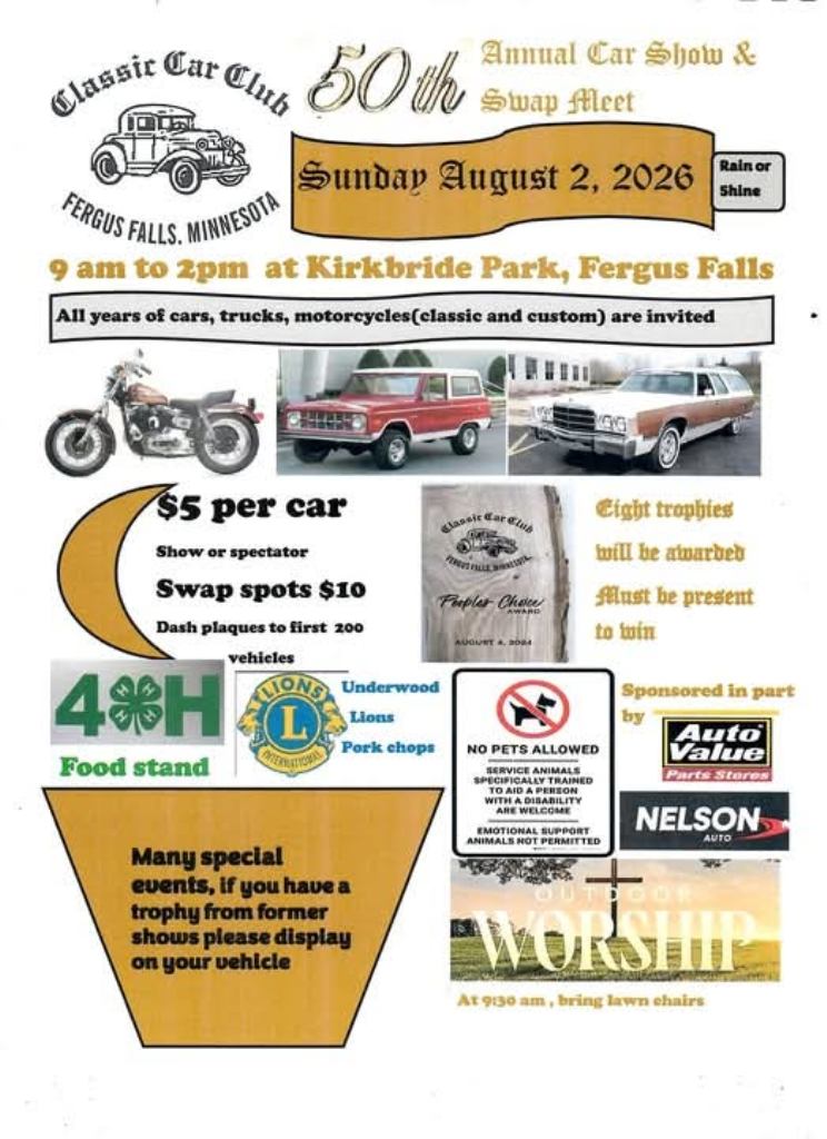 Classic Car Club of Fergus Falls 50th Annual Car Show & Swap Meet event at Kirkbride Park in Fergus Falls, MN on August 2, 2026