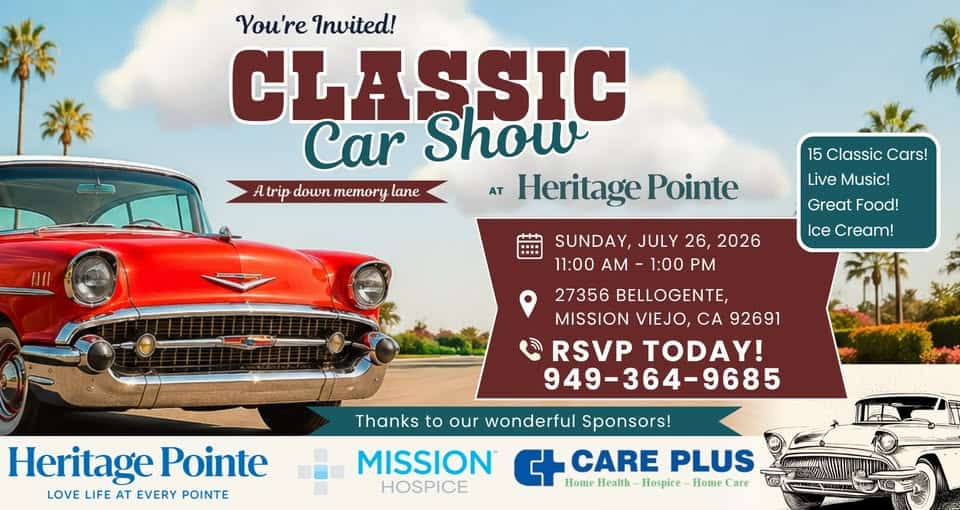 Classic Car Show at Heritage Pointe event at Heritage Pointe Assisted Living & Memory Care in Mission Viejo, CA on July 26, 2026