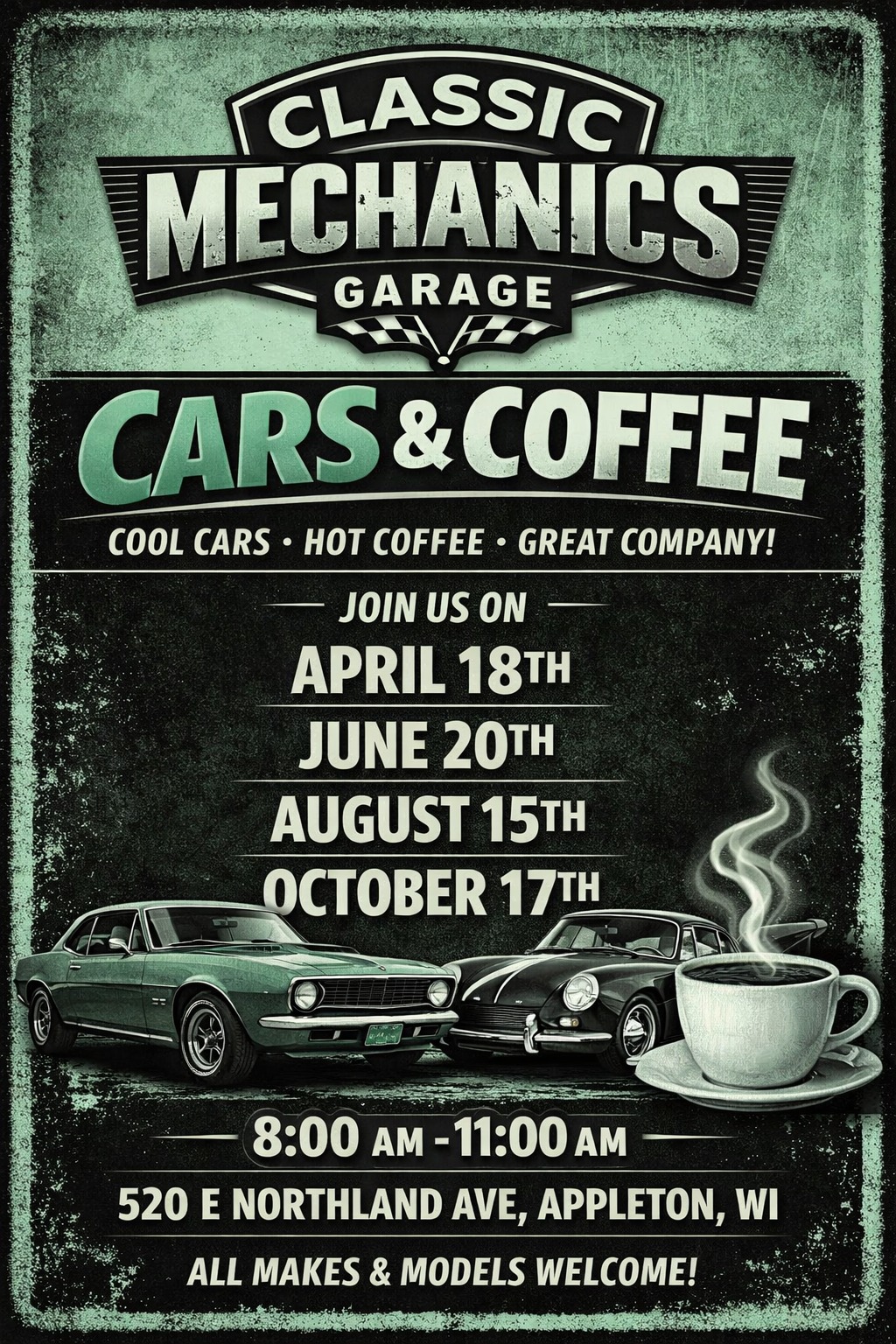 Classic Mechanics Garage Cars & Coffee event at Classic Mechanics Garage in Appleton, WI on August 15, 2026